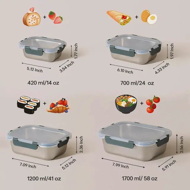 Alt view image 3 of 7 - Cuiselect 8 PCS Stainless Steel Lunch Box, 4-Size (58/41 /24 /14Oz) Stackable Metal Bento Boxes BPA Free Dishwasher Safe, Food Storage Containe, Leakproof Reusable Meal Storage for Work,Travel (Gray)