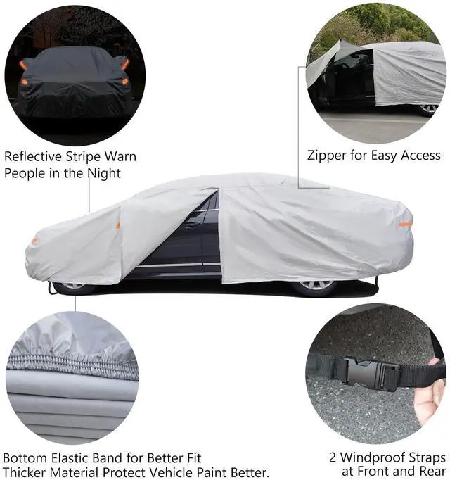 Alt view image 4 of 6 - SEAZEN Car Cover 6 Layers, Waterproof Sedan Car Cover with Zipper Door, Snowproof/UV Protection/Windproof, Universal Car Covers Breathable Fabric with Cotton (185" to 200")
