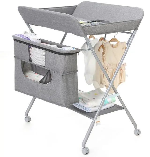 Main image of Portable Baby Changing Station with Adjustable Height - Foldable Diaper Table with Wheels,Waterproof Pad, Safety Belt & Large Storage Racks, Ideal for Newborn and Infants (Light Grey)