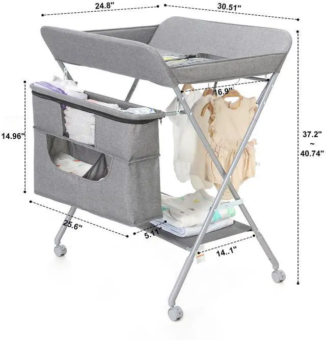 Alt view image 2 of 7 - Portable Baby Changing Station with Adjustable Height - Foldable Diaper Table with Wheels,Waterproof Pad, Safety Belt & Large Storage Racks, Ideal for Newborn and Infants (Light Grey)
