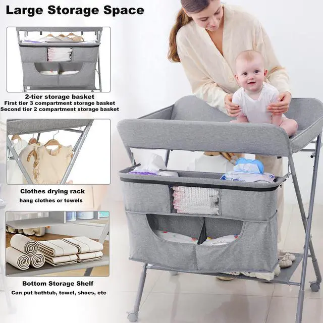 Alt view image 3 of 7 - Portable Baby Changing Station with Adjustable Height - Foldable Diaper Table with Wheels,Waterproof Pad, Safety Belt & Large Storage Racks, Ideal for Newborn and Infants (Light Grey)