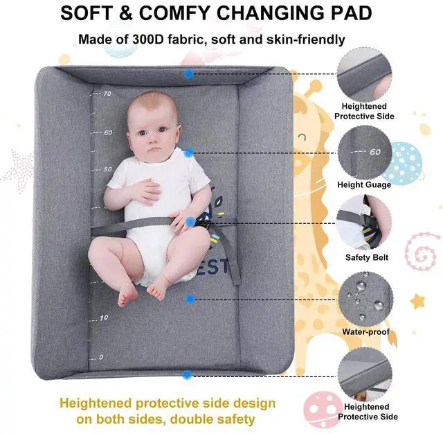 Alt view image 4 of 7 - Portable Baby Changing Station with Adjustable Height - Foldable Diaper Table with Wheels,Waterproof Pad, Safety Belt & Large Storage Racks, Ideal for Newborn and Infants (Light Grey)