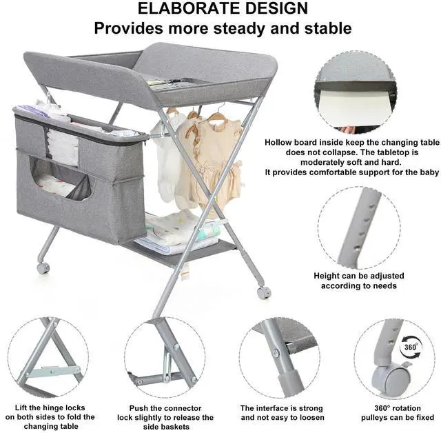 Alt view image 5 of 7 - Portable Baby Changing Station with Adjustable Height - Foldable Diaper Table with Wheels,Waterproof Pad, Safety Belt & Large Storage Racks, Ideal for Newborn and Infants (Light Grey)