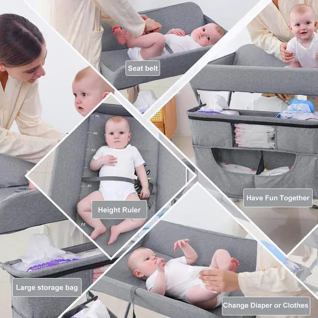 Alt view image 6 of 7 - Portable Baby Changing Station with Adjustable Height - Foldable Diaper Table with Wheels,Waterproof Pad, Safety Belt & Large Storage Racks, Ideal for Newborn and Infants (Light Grey)