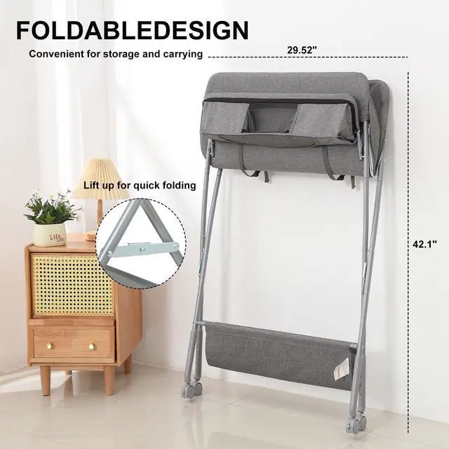 Alt view image 7 of 7 - Portable Baby Changing Station with Adjustable Height - Foldable Diaper Table with Wheels,Waterproof Pad, Safety Belt & Large Storage Racks, Ideal for Newborn and Infants (Light Grey)