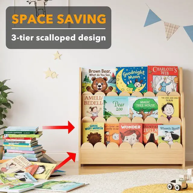 Alt view image 6 of 7 - SpaceAid 3-Tier Scalloped Bookshelf, Montessori Bookcase for Toddlers, Wooden Book Shelf Organizer Display Furniture for Kids Rooms, Playroom, Nursery and Classroom, Natural
