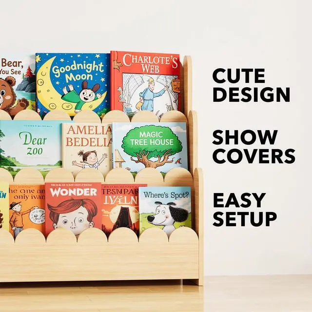 Alt view image 7 of 7 - SpaceAid 3-Tier Scalloped Bookshelf, Montessori Bookcase for Toddlers, Wooden Book Shelf Organizer Display Furniture for Kids Rooms, Playroom, Nursery and Classroom, Natural