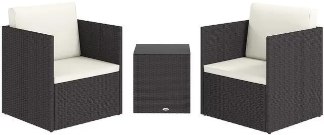 3 Piece Patio Furniture Set, Folding Outdoor Wicker Bistro Set with Cushions and Glass Coffee Table, Easy Assembly for Porch, Balcony, Brown