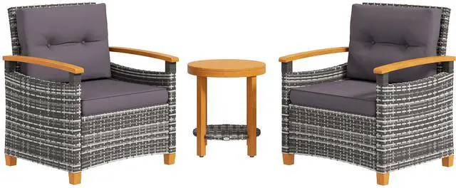 3 Pieces Patio Bistro Set Wooden with Cushions, PE Wicker Patio Furniture Outdoor for Porch, Backyard, Garden, Gray