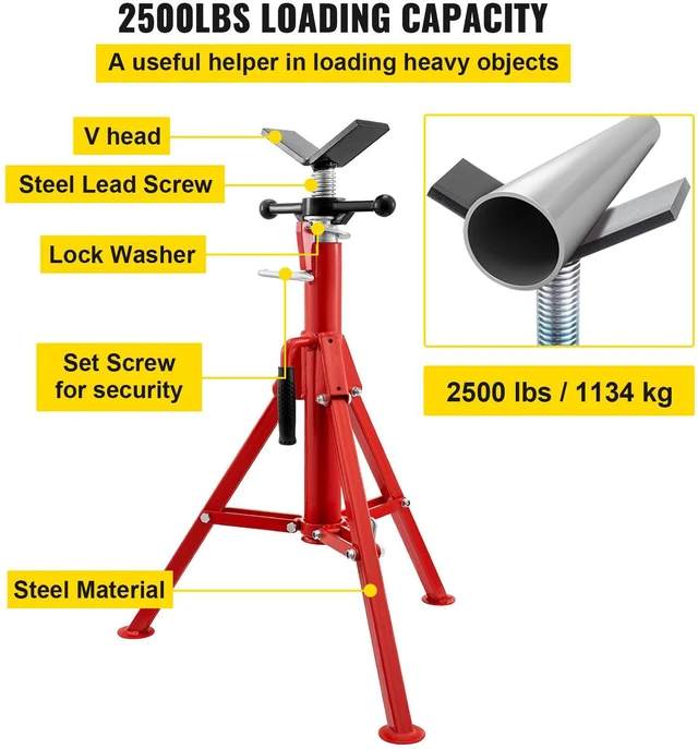 Alt view image 7 of 7 - V Head Pipe Stand 1/8"-12" Capacity,Adjustable Height 28"-52,Pipe Jack Stands 2500 lb. Load Capacity,Portable Folding Pipe Stands, Carbon Steel Body More Durable