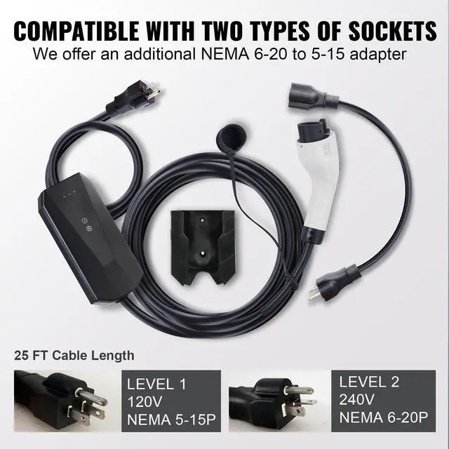 Alt view image 4 of 7 - Level 1+2 Portable EV Charger, 16 Amp 120V or 240V, Electric Vehicle Charger with 28-Foot Charging Cable NEMA 6-20P Plug NEMA 5-15 Adapter, Plug-in Home EV Charging Station for SAE J1772 EVs