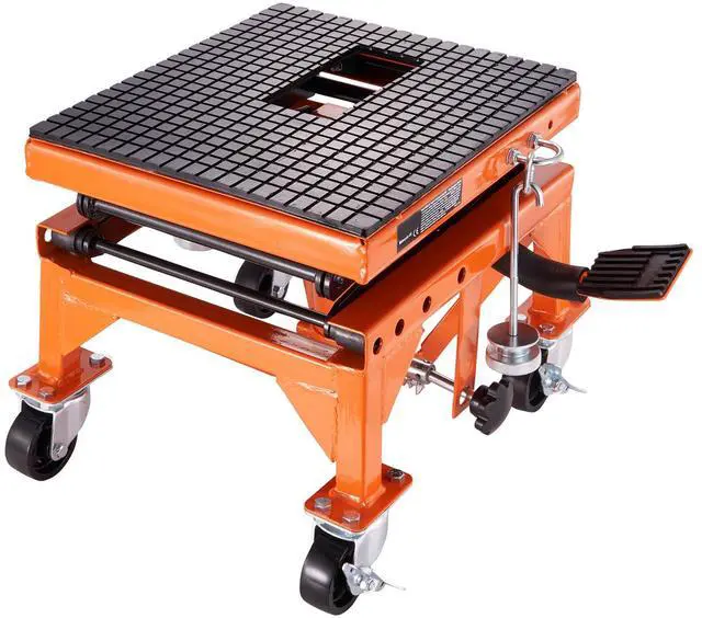 Alt view image 2 of 7 - Hydraulic Motorcycle Lift Table, 350 LBS Capacity Motorcycle Scissor Jack Lift with Wide Deck, J-hooks, 4 Wheels, Hydraulic Foot-Operated Jack Stand for ATV Dirt Bikes