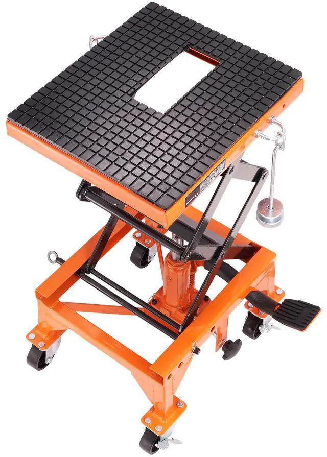 Alt view image 3 of 7 - Hydraulic Motorcycle Lift Table, 350 LBS Capacity Motorcycle Scissor Jack Lift with Wide Deck, J-hooks, 4 Wheels, Hydraulic Foot-Operated Jack Stand for ATV Dirt Bikes