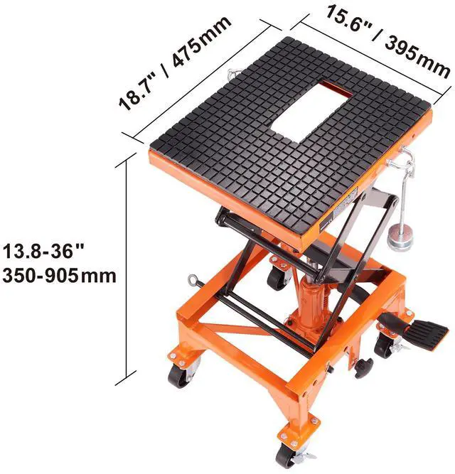 Alt view image 5 of 7 - Hydraulic Motorcycle Lift Table, 350 LBS Capacity Motorcycle Scissor Jack Lift with Wide Deck, J-hooks, 4 Wheels, Hydraulic Foot-Operated Jack Stand for ATV Dirt Bikes