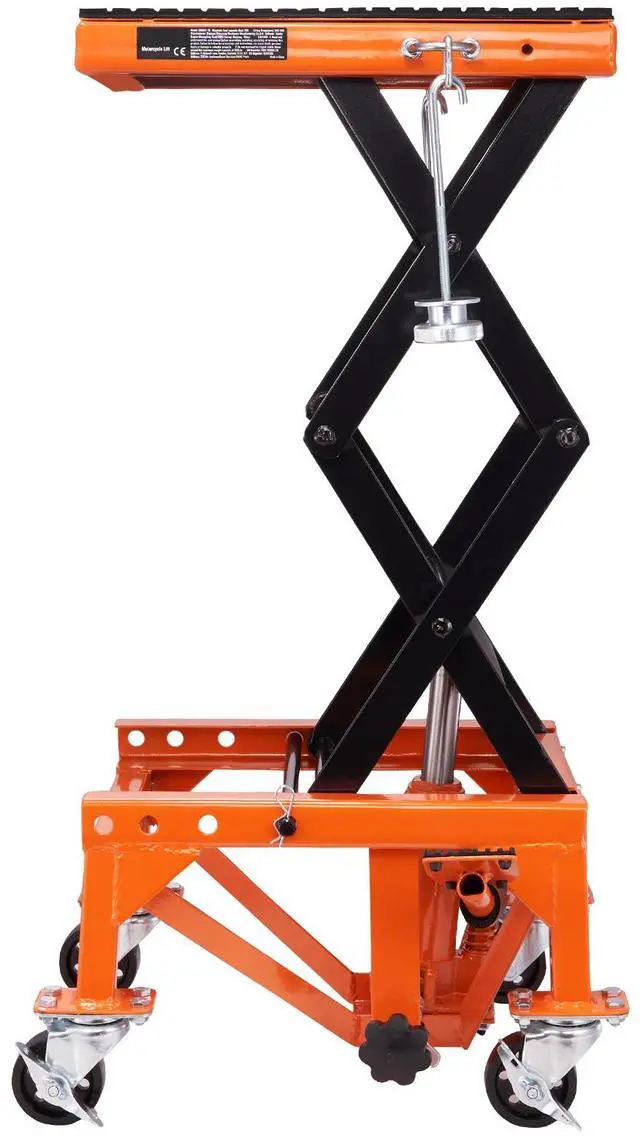 Alt view image 4 of 7 - Hydraulic Motorcycle Lift Table, 350 LBS Capacity Motorcycle Scissor Jack Lift with Wide Deck, J-hooks, 4 Wheels, Hydraulic Foot-Operated Jack Stand for ATV Dirt Bikes