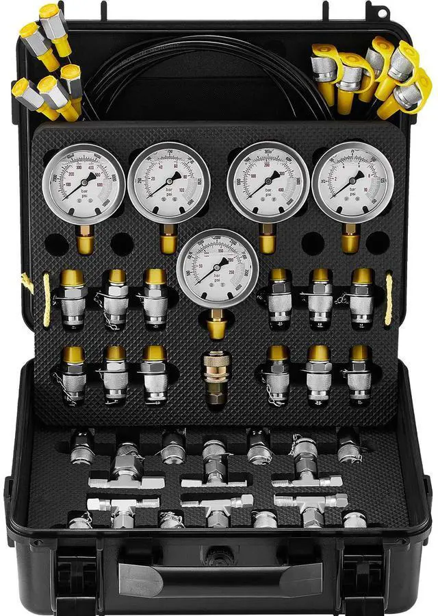 Main image of Hydraulic Pressure Test Kit, 10/100/250/400/600bar, 5 Gauges 13 Couplings 14 Tee Connectors 5 Test Hoses, Excavator Hydraulic Test Gauge Set with Carrying Case for Excavator Tractors Machinery