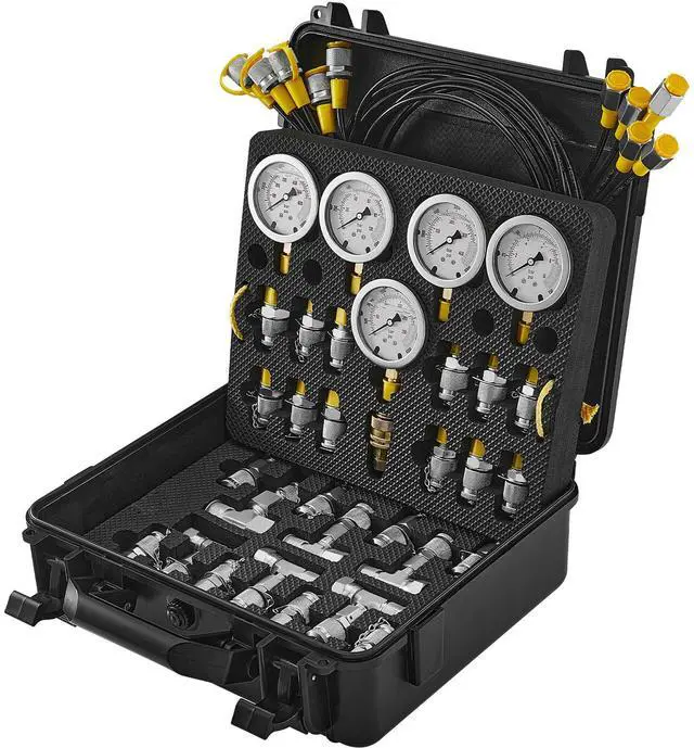 Alt view image 2 of 7 - Hydraulic Pressure Test Kit, 10/100/250/400/600bar, 5 Gauges 13 Couplings 14 Tee Connectors 5 Test Hoses, Excavator Hydraulic Test Gauge Set with Carrying Case for Excavator Tractors Machinery