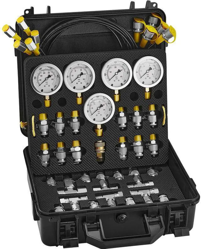Alt view image 4 of 7 - Hydraulic Pressure Test Kit, 10/100/250/400/600bar, 5 Gauges 13 Couplings 14 Tee Connectors 5 Test Hoses, Excavator Hydraulic Test Gauge Set with Carrying Case for Excavator Tractors Machinery
