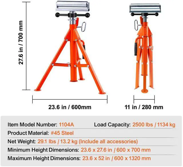 Alt view image 2 of 7 - Roller Stand 2500 LBS Load 27.6"-52" Height Adjustable 45# Steel Foldable