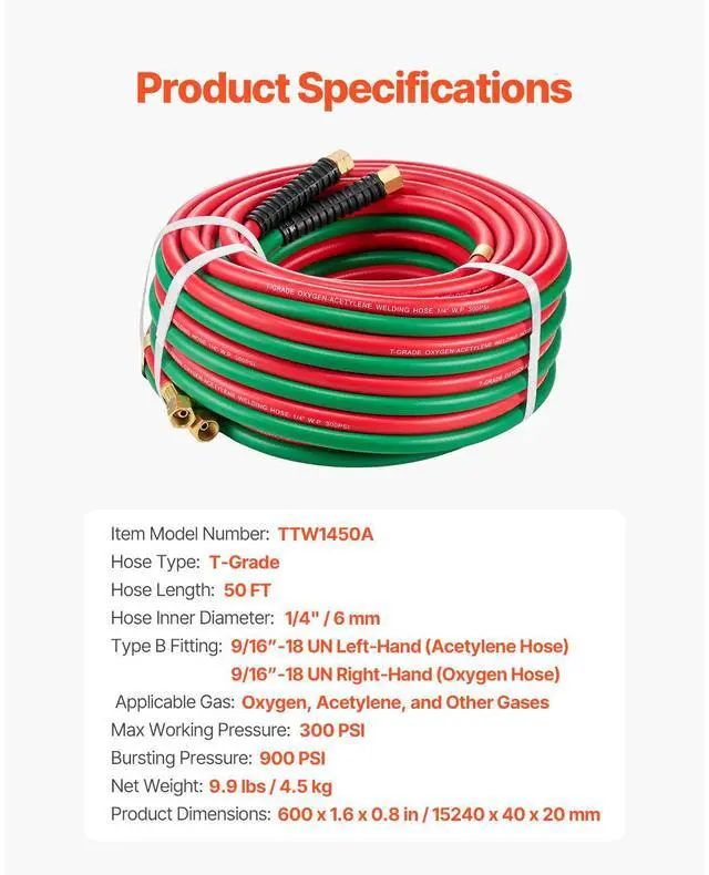 Alt view image 6 of 7 - Oxygen Acetylene Hose 1/4-Inch x 50FT T Grade Hose 300PSI Max Working Pressure