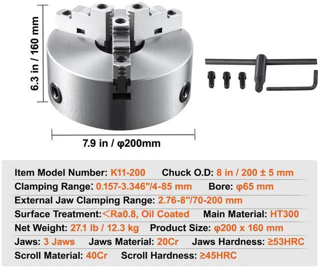 Alt view image 6 of 7 - 3-Jaw Lathe Chuck, 8'', Self-Centering Lathe Chuck, 0.16-8 in/4-200 mm Clamping Range with T-key Fixing Screws Hexagon Wrench, for Lathe 3D Printer Machining Center Milling Drilling Machine