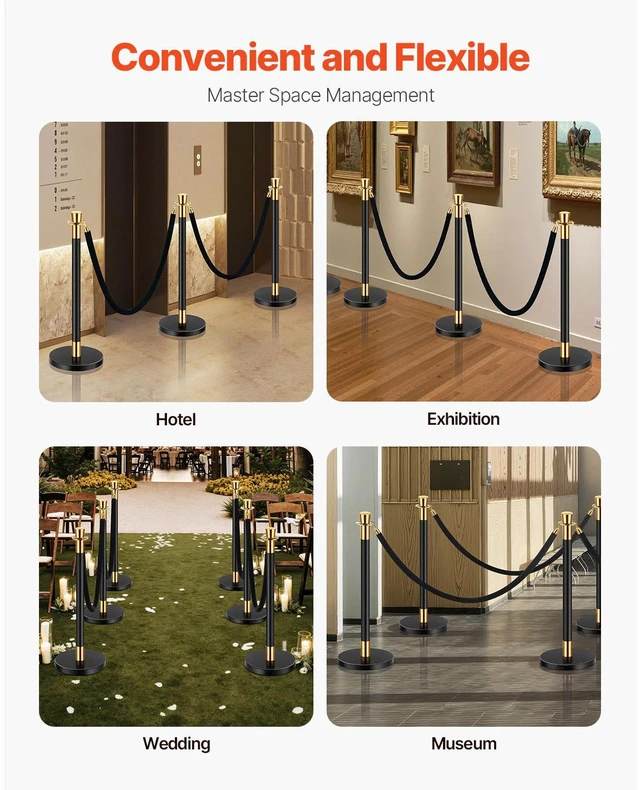 Alt view image 4 of 7 - Stanchions and Velvet Ropes, 6 Pcs Crowd Control Barriers with 4 Black Velvet Ropes, Stainless Steel Stanchion Post Queue with Sand Injection Hollow Base for Theater, Wedding, Party Supplies
