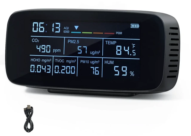 Main image of Air Quality Monitor 9-IN-1, CO2, Temperature, Humidity, Formaldehyde TVOC AQI Tester, Professional PM2.5 PM10 PM1.0 Particle Counter for Indoor/Outdoor, Air Quality Meter w/Alarm Thresholds