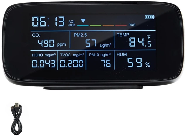 Alt view image 6 of 7 - Air Quality Monitor 9-IN-1, CO2, Temperature, Humidity, Formaldehyde TVOC AQI Tester, Professional PM2.5 PM10 PM1.0 Particle Counter for Indoor/Outdoor, Air Quality Meter w/Alarm Thresholds
