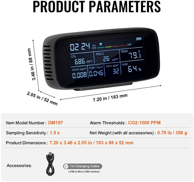 Alt view image 7 of 7 - Air Quality Monitor 9-IN-1, CO2, Temperature, Humidity, Formaldehyde TVOC AQI Tester, Professional PM2.5 PM10 PM1.0 Particle Counter for Indoor/Outdoor, Air Quality Meter w/Alarm Thresholds