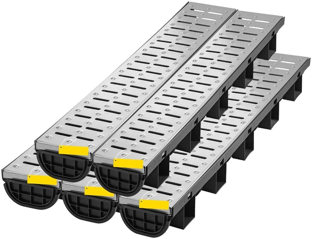Alt view image 2 of 7 - Trench Drain System, Channel Drain with Metal Grate, 5.7x3.1-Inch HDPE Drainage Trench, Black Plastic Garage Floor Drain, 5x39 Trench Drain Grate, with 5 End Caps, for Garden, Driveway-5 Pack
