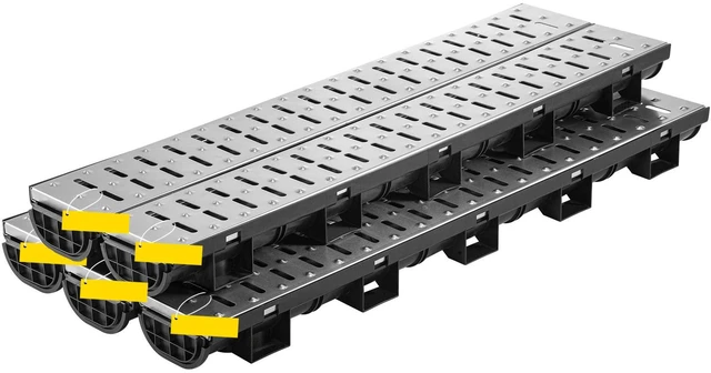 Alt view image 5 of 7 - Trench Drain System, Channel Drain with Metal Grate, 5.7x3.1-Inch HDPE Drainage Trench, Black Plastic Garage Floor Drain, 5x39 Trench Drain Grate, with 5 End Caps, for Garden, Driveway-5 Pack