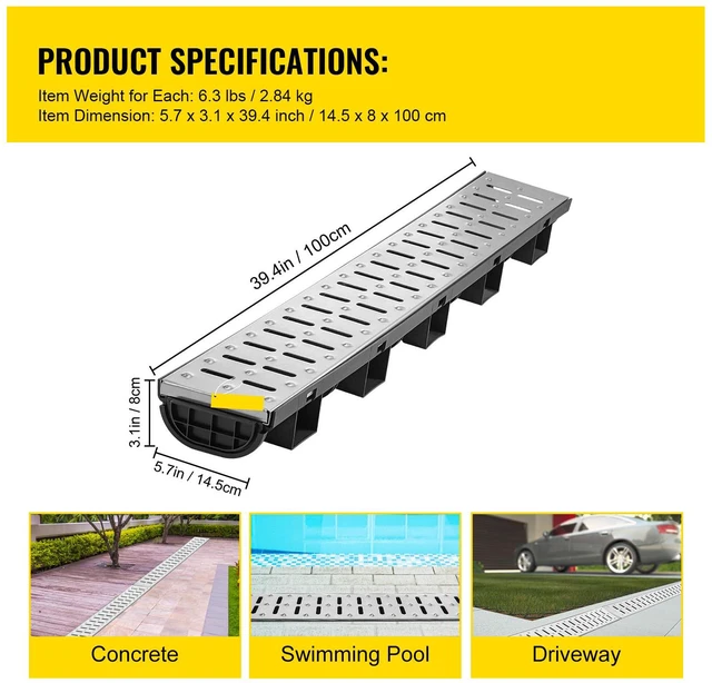 Alt view image 6 of 7 - Trench Drain System, Channel Drain with Metal Grate, 5.7x3.1-Inch HDPE Drainage Trench, Black Plastic Garage Floor Drain, 5x39 Trench Drain Grate, with 5 End Caps, for Garden, Driveway-5 Pack