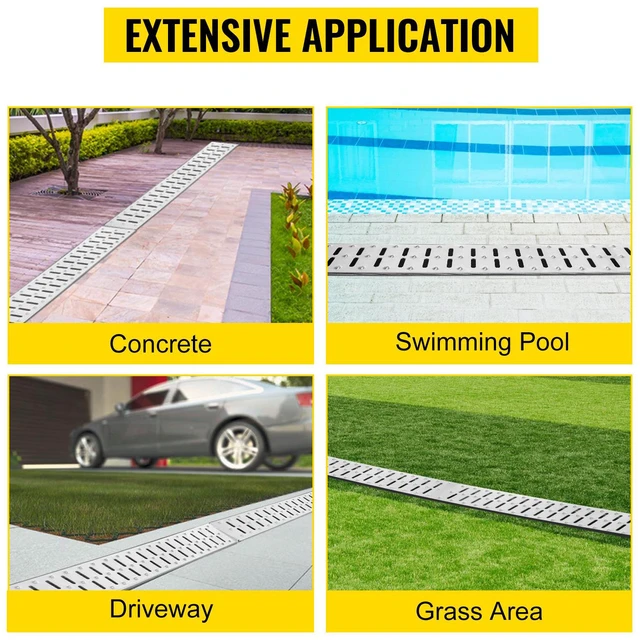 Alt view image 4 of 7 - Trench Drain System, Channel Drain with Metal Grate, 5.7x3.1-Inch HDPE Drainage Trench, Black Plastic Garage Floor Drain, 5x39 Trench Drain Grate, with 5 End Caps, for Garden, Driveway-5 Pack