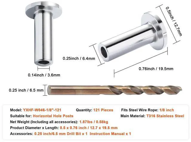 Alt view image 5 of 7 - 121 Pack T316 Stainless Steel Protector Sleeves for 1/8" Wire Rope Cable Railing, DIY Balustrade T316 Marine Grade, Come with A Free Drill Bit, Silver