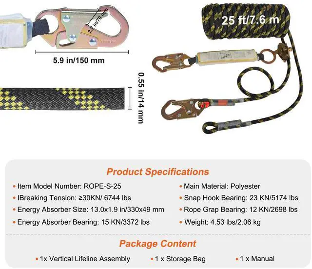 Alt view image 7 of 7 - Vertical Lifeline Assembly, 0.55'' x 25' Fall Protection Rope with 30 KN Breaking Tension, Polyester Roofing Rope with Steel Snap Hooks, Rope Grab, and Shock Absorber, ANSI Compliant