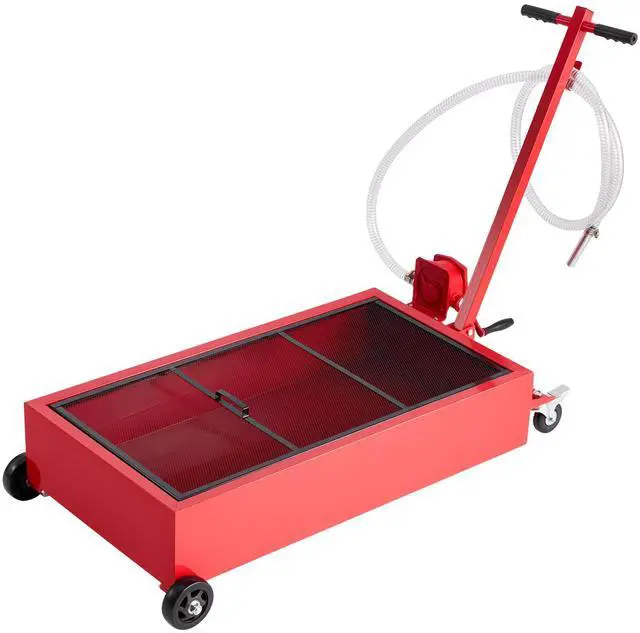 Alt view image 6 of 7 - Low Profile Oil Drain Pan, 20 Gallon Capacity, Rolling Oil Drain Pan with Manual Pump, 7.2 ft Hose & T Folding Handle, Leak-proof & Corrosion-resistant, Fit for Cars, SUVs, Trucks, ATVs, Red