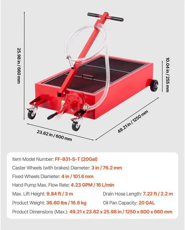 Alt view image 5 of 7 - Low Profile Oil Drain Pan, 20 Gallon Capacity, Rolling Oil Drain Pan with Manual Pump, 7.2 ft Hose & T Folding Handle, Leak-proof & Corrosion-resistant, Fit for Cars, SUVs, Trucks, ATVs, Red