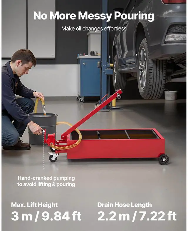 Alt view image 2 of 7 - Low Profile Oil Drain Pan, 20 Gallon Capacity, Rolling Oil Drain Pan with Manual Pump, 7.2 ft Hose & T Folding Handle, Leak-proof & Corrosion-resistant, Fit for Cars, SUVs, Trucks, ATVs, Red