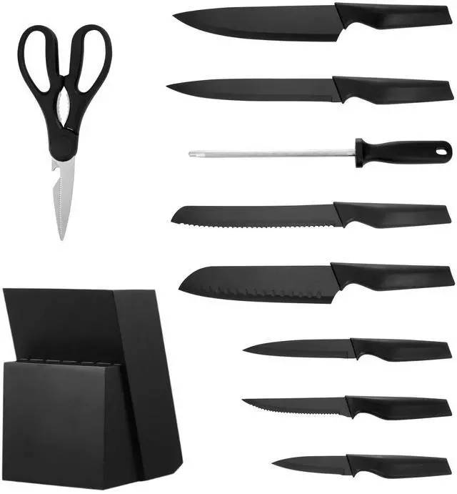 Alt view image 3 of 7 - Kitchen Knife Set with Block and Sharpener, 15 Piece German High Carbon Stainless Steel Knife Set, Kitchen Cutlery with PP Ergonomic Handle, Sharpening Rod and Wooden Block, for Home Cooks