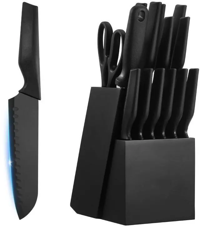 Alt view image 6 of 7 - Kitchen Knife Set with Block and Sharpener, 15 Piece German High Carbon Stainless Steel Knife Set, Kitchen Cutlery with PP Ergonomic Handle, Sharpening Rod and Wooden Block, for Home Cooks