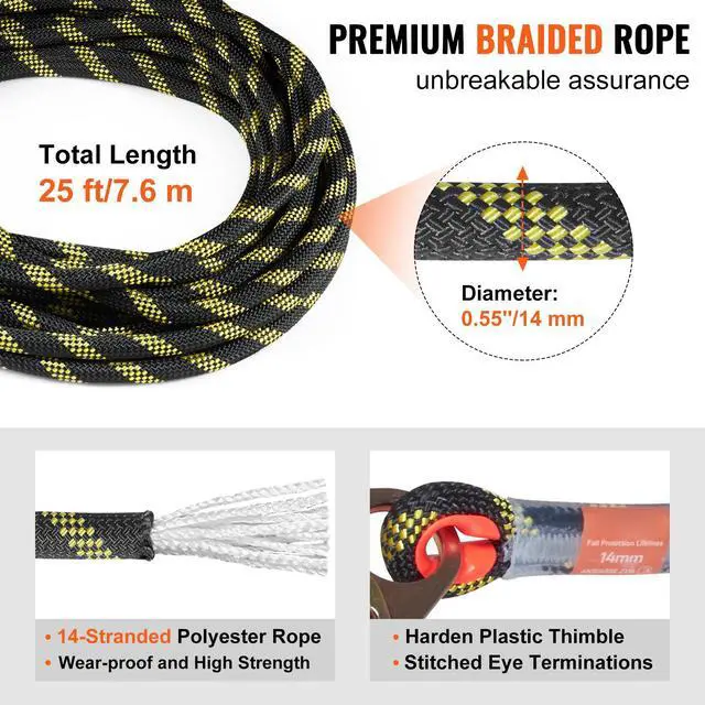 Alt view image 6 of 7 - Vertical Lifeline Assembly, 0.55'' x 25' Fall Protection Rope with 30 KN Breaking Tension, Polyester Roofing Rope with Steel Snap Hooks, Rope Grab, and Shock Absorber, ANSI Compliant