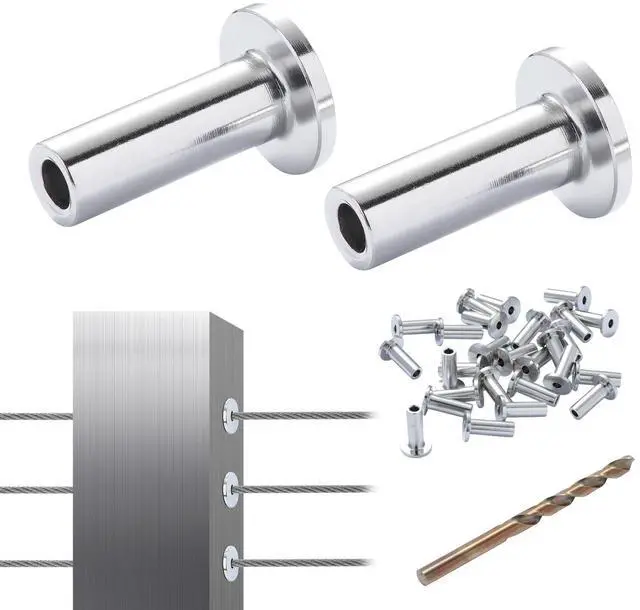 Main image of 121 Pack T316 Stainless Steel Protector Sleeves for 1/8" Wire Rope Cable Railing, DIY Balustrade T316 Marine Grade, Come with A Free Drill Bit, Silver