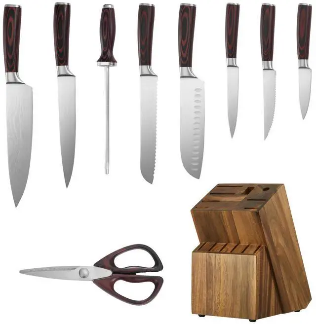 Alt view image 3 of 7 - Kitchen Knife Set with Block and Sharpener, 15 Piece High Carbon Stainless Steel Knife Set, Rust-Resistant Kitchen Cutlery with Ergonomic Handle, Sharpening Rod & Premium Wooden Block, for Home