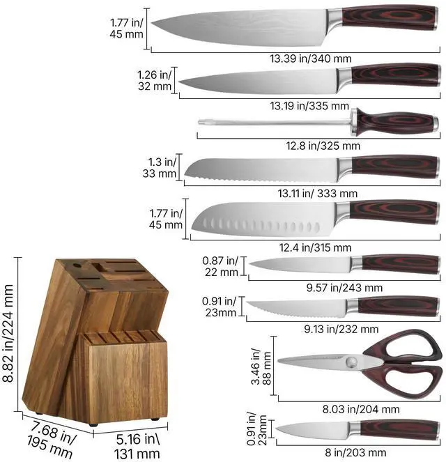 Alt view image 6 of 7 - Kitchen Knife Set with Block and Sharpener, 15 Piece High Carbon Stainless Steel Knife Set, Rust-Resistant Kitchen Cutlery with Ergonomic Handle, Sharpening Rod & Premium Wooden Block, for Home