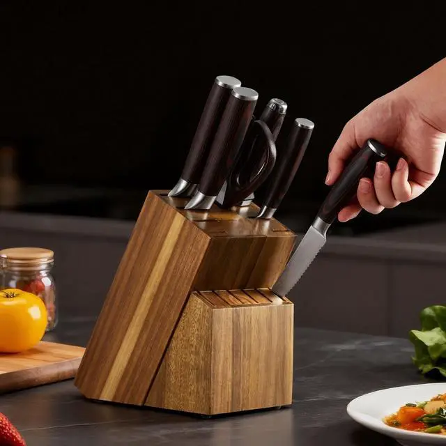 Alt view image 7 of 7 - Kitchen Knife Set with Block and Sharpener, 15 Piece High Carbon Stainless Steel Knife Set, Rust-Resistant Kitchen Cutlery with Ergonomic Handle, Sharpening Rod & Premium Wooden Block, for Home