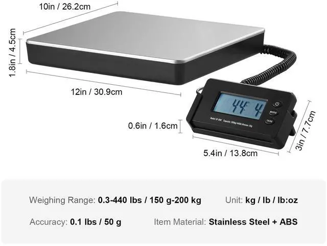 Alt view image 6 of 6 - Digital Shipping Scale, 440 lbs x 1.7 oz. Heavy Duty Postal Scale with Timer, Tare Function, HD LCD Screen Portable Package Scale for Luggage, Home, Post Office, AC/DC Powered, FCC Listed