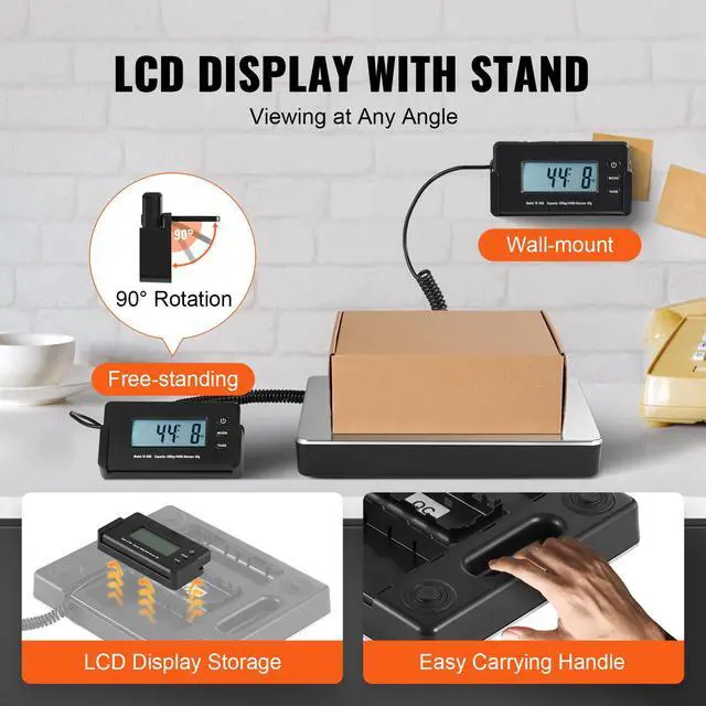 Alt view image 4 of 6 - Digital Shipping Scale, 440 lbs x 1.7 oz. Heavy Duty Postal Scale with Timer, Tare Function, HD LCD Screen Portable Package Scale for Luggage, Home, Post Office, AC/DC Powered, FCC Listed