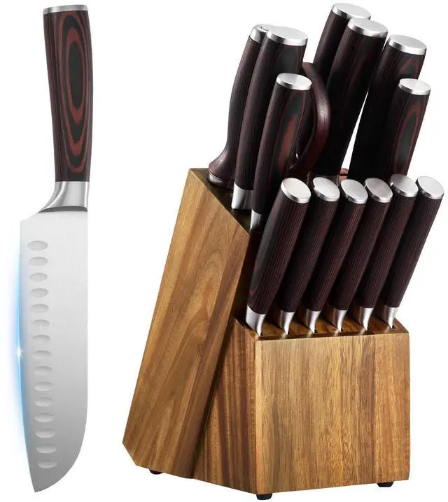 Alt view image 5 of 7 - Kitchen Knife Set with Block and Sharpener, 15 Piece High Carbon Stainless Steel Knife Set, Rust-Resistant Kitchen Cutlery with Ergonomic Handle, Sharpening Rod & Premium Wooden Block, for Home