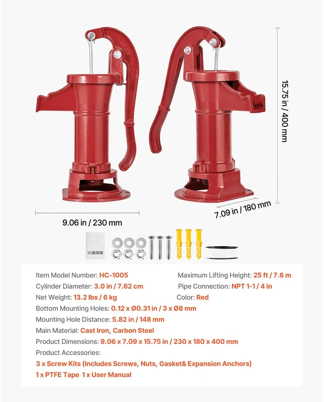 Alt view image 4 of 6 - Well Hand Pitcher Pump, 25 ft Maximum Lift, Antique Cast Iron Manual Hand Water Pump, NPT 1-1/4 in Connection, Easy Installation, Old Fashioned for Outdoor Garden, Pond, Backyard, Farm, Red