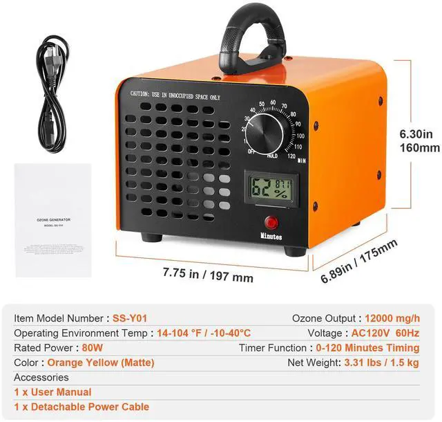 Alt view image 4 of 7 - Ozone Generator, 12000mg/h Ozone Machine Odor Remover, High Capacity Commercial/Industrial Ozone Generator Machine, Home Air Ionizers Deodorizer with 0-120 min Time Setting for Rooms, Cars, Pets